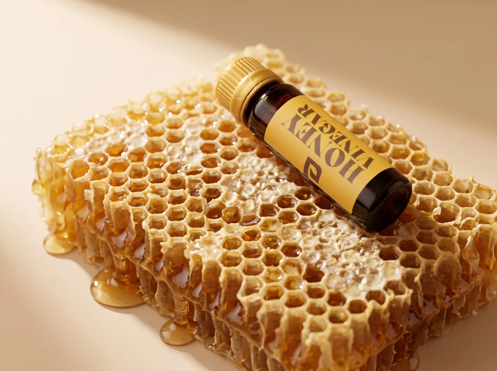 Honey Vinegar bottle resting on raw honeycomb