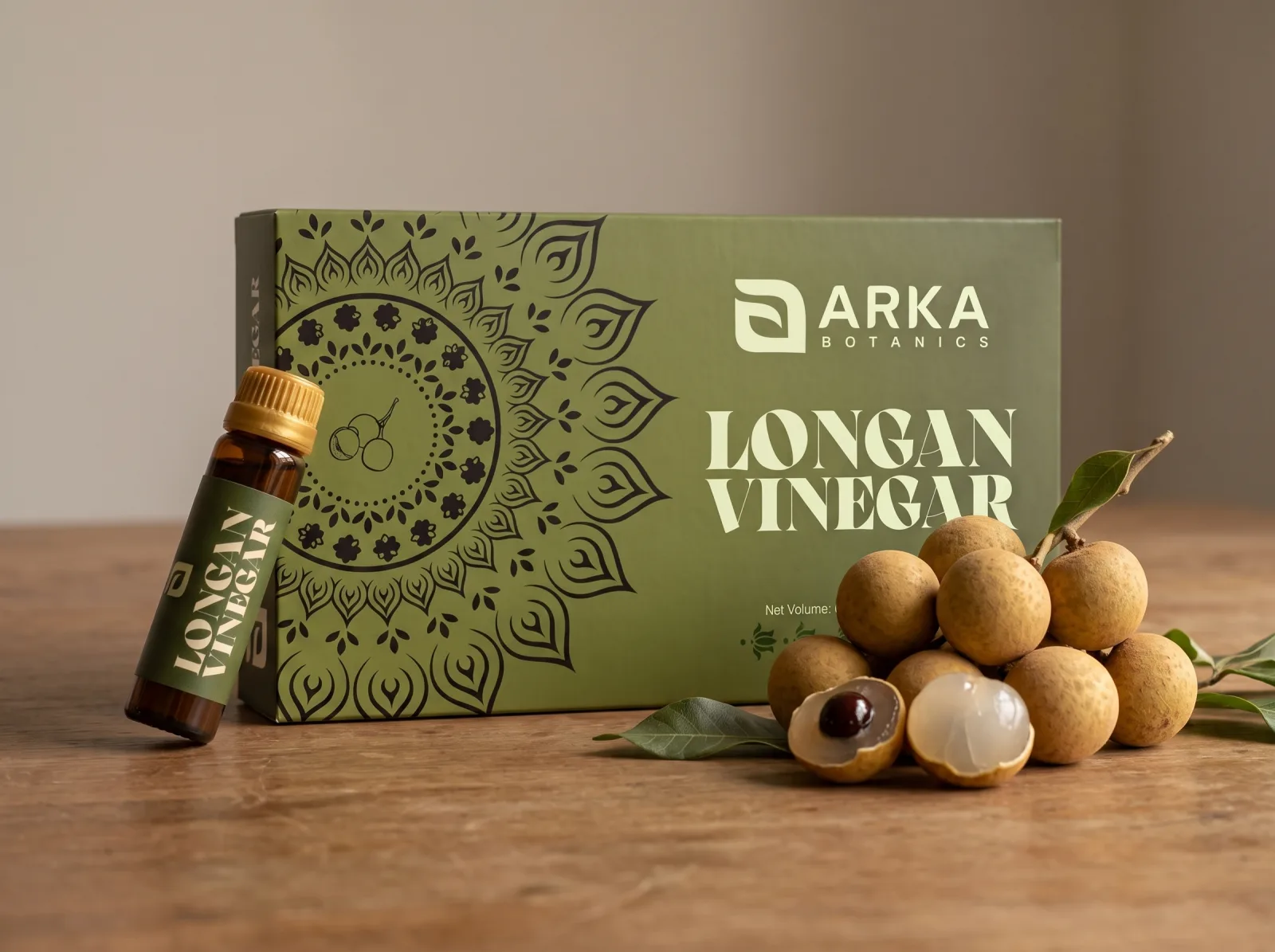 Longan Vinegar box and bottle in a lifestyle table setting