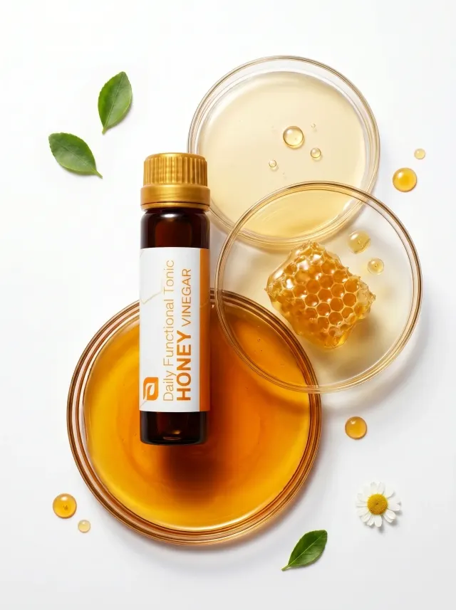 Honey Vinegar tonic with honeycomb and vinegar in petri dishes