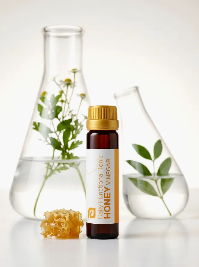 Honey Vinegar tonic beside laboratory flasks and honeycomb