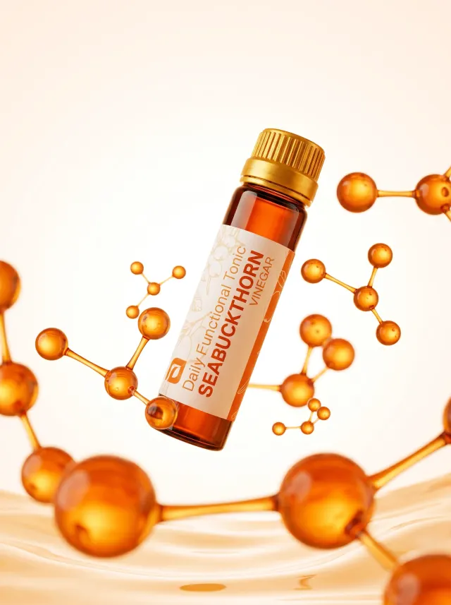 Sea Buckthorn Vinegar vial suspended among amber molecular forms
