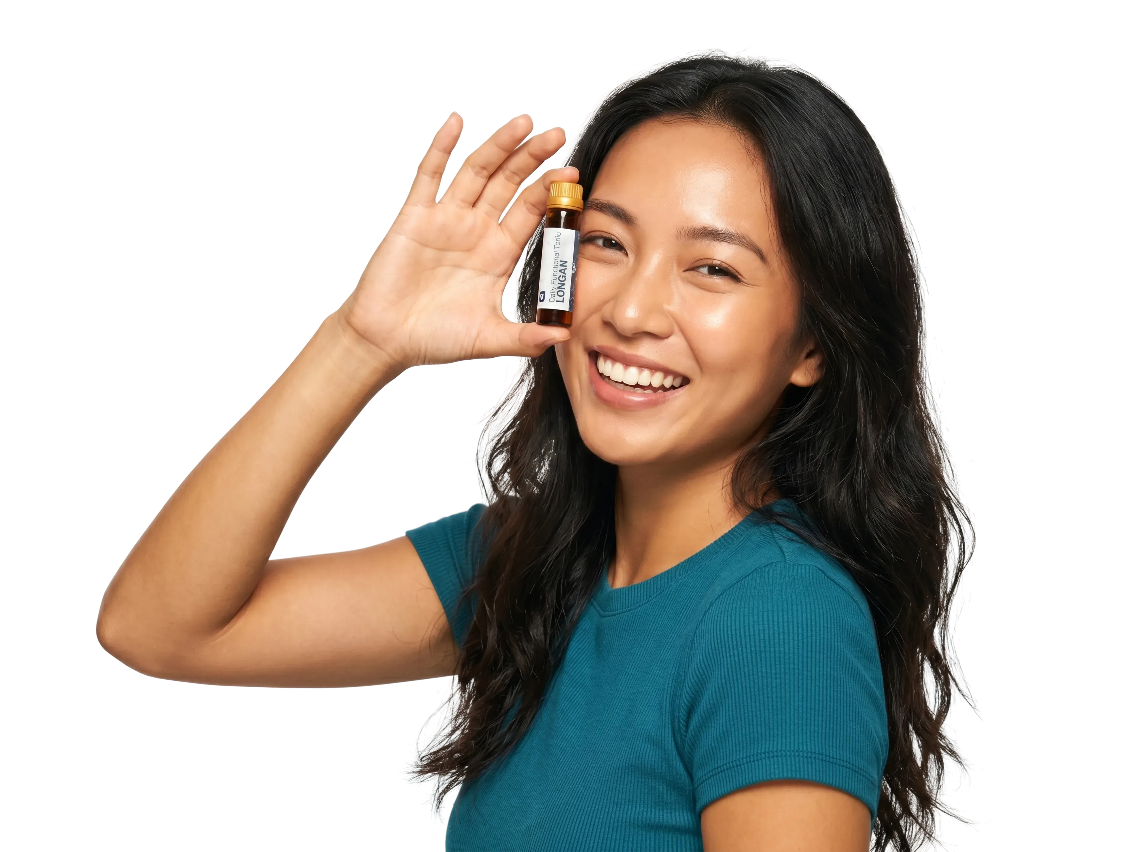Woman holding a vial of Longan Vinegar beside her face