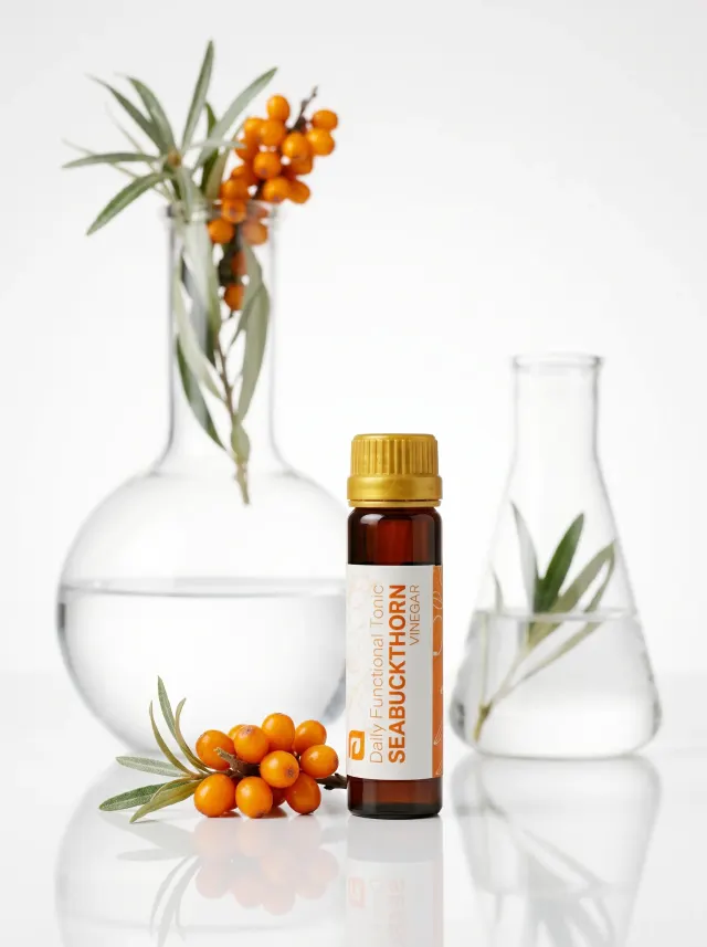 Sea Buckthorn Vinegar tonic beside laboratory flasks and sea buckthorn berries